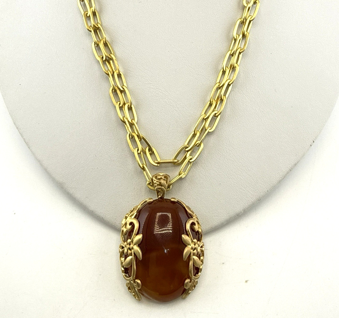 Sheila Fajl Necklace Floral Flower Faux Carnelian Gold Tone Brazil Chain Link