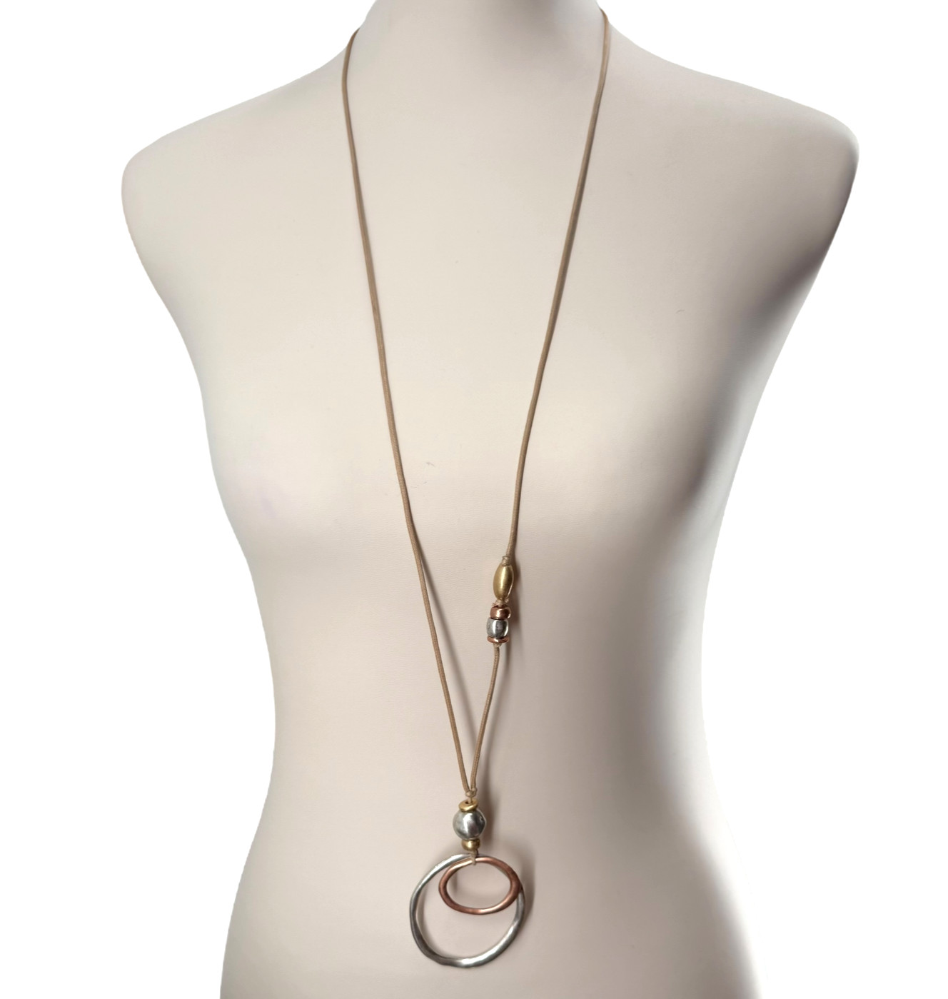 J Jill Mixed Metal Necklace Adjustable Cord Double Circle Pendant Boho Artisan