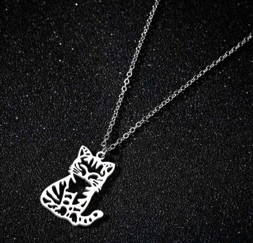 Unisex Punk Silver Flower Cat Titanium S.Steel Pendant Kitten Chain Necklace
