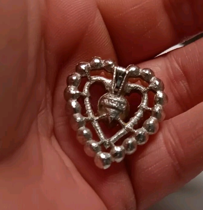 Avon Silver Tone Marked Heart Shaped Pink,colorless Stoned Faux Pearl Pendant