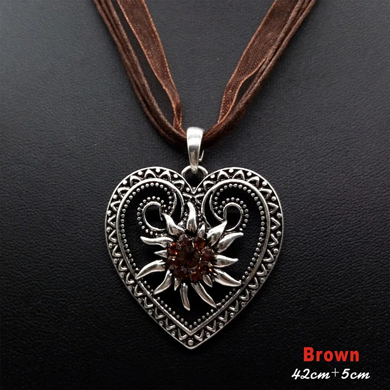 New Vintage Heart Edelweiss Flowers Necklace Organza Ribbon Pendant Women