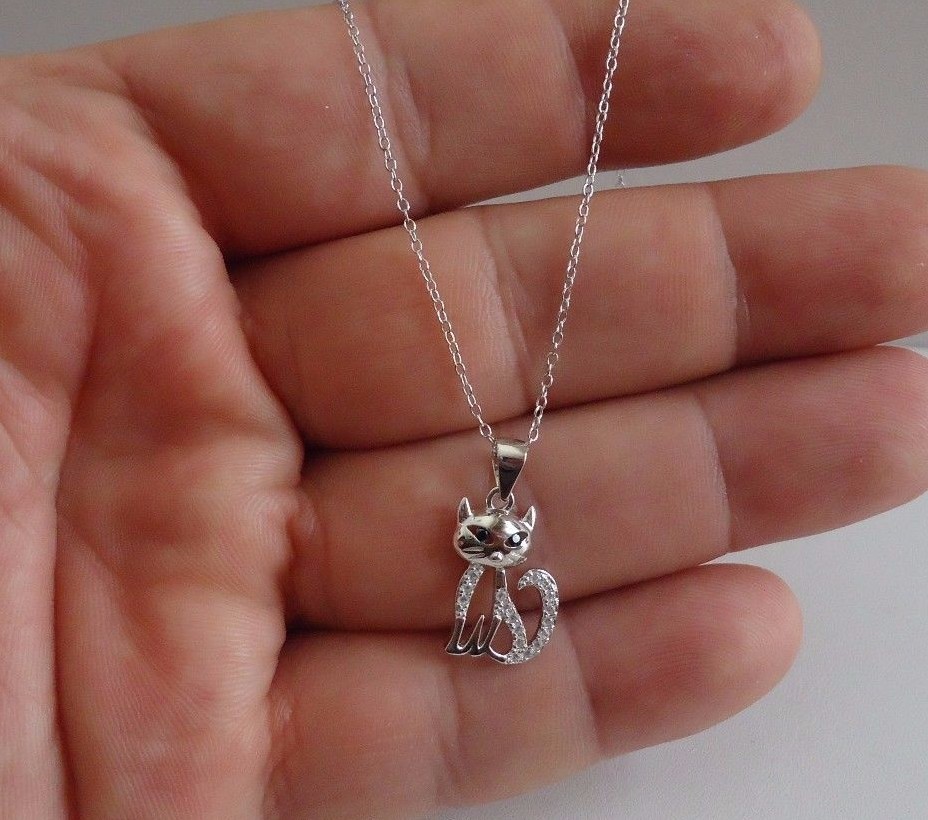 CAT NECKLACE PENDANT LAB CREATED DIAMONDS / 925 STERLING SILVER 11MM BY 17MM