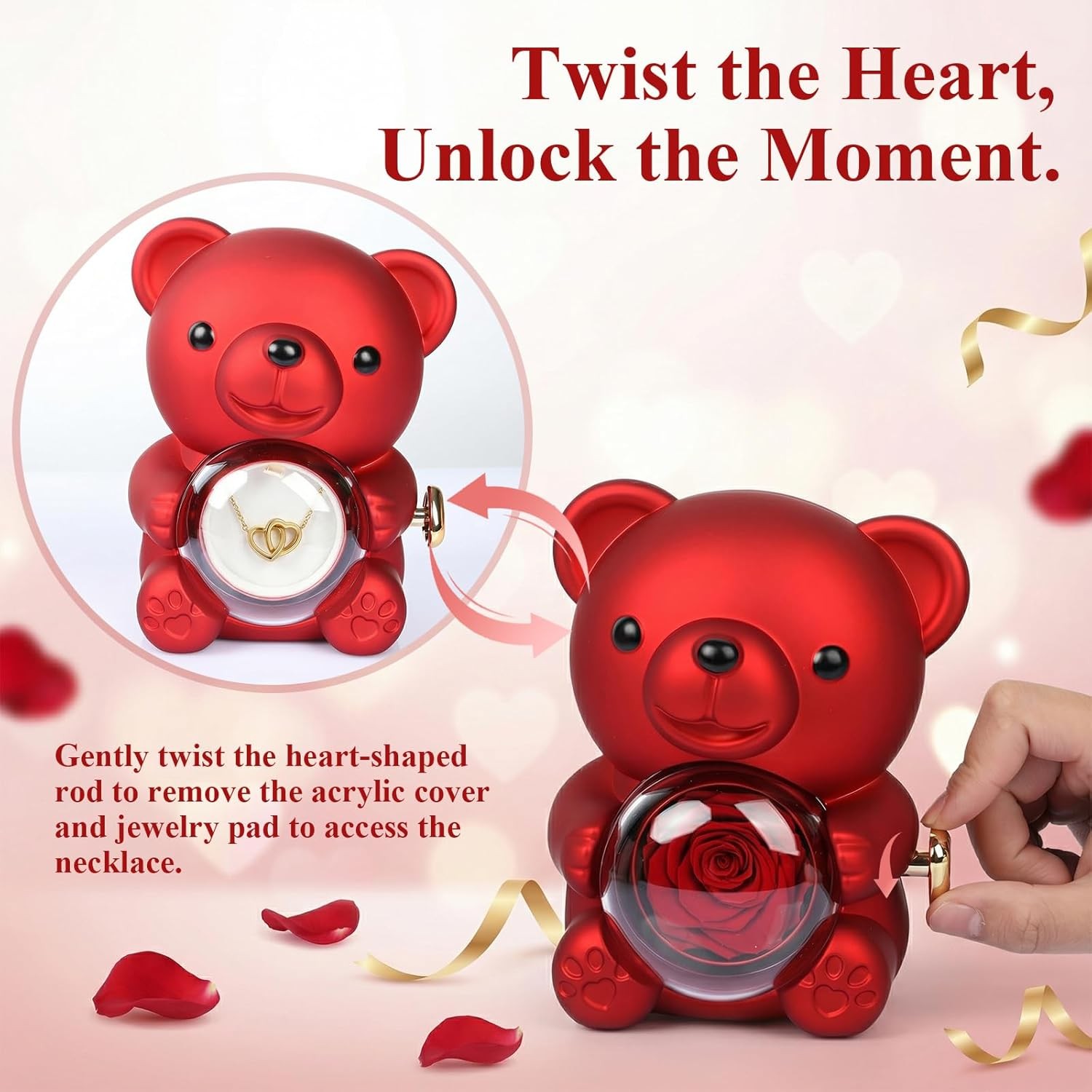 Romantic Hug Teddy Bear with Necklace, Preserved Red Rose, Gift Box for Women