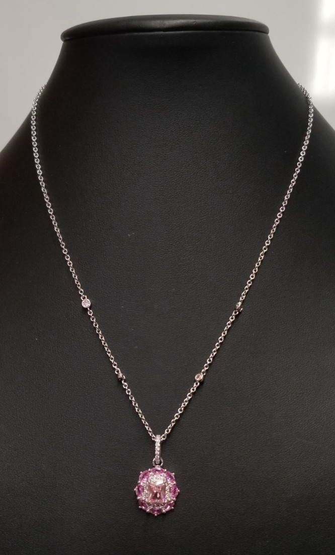 Bomb Party Pink Cubic Zirconia Halo Pendant Rhodium Plated Necklace 18″+2.5″