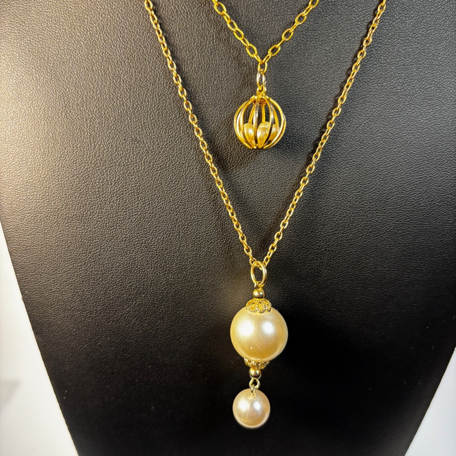 Gold Tone Layered Faux Pearl Pendant Necklace Set Orb Birdcage Drop 18-20 In
