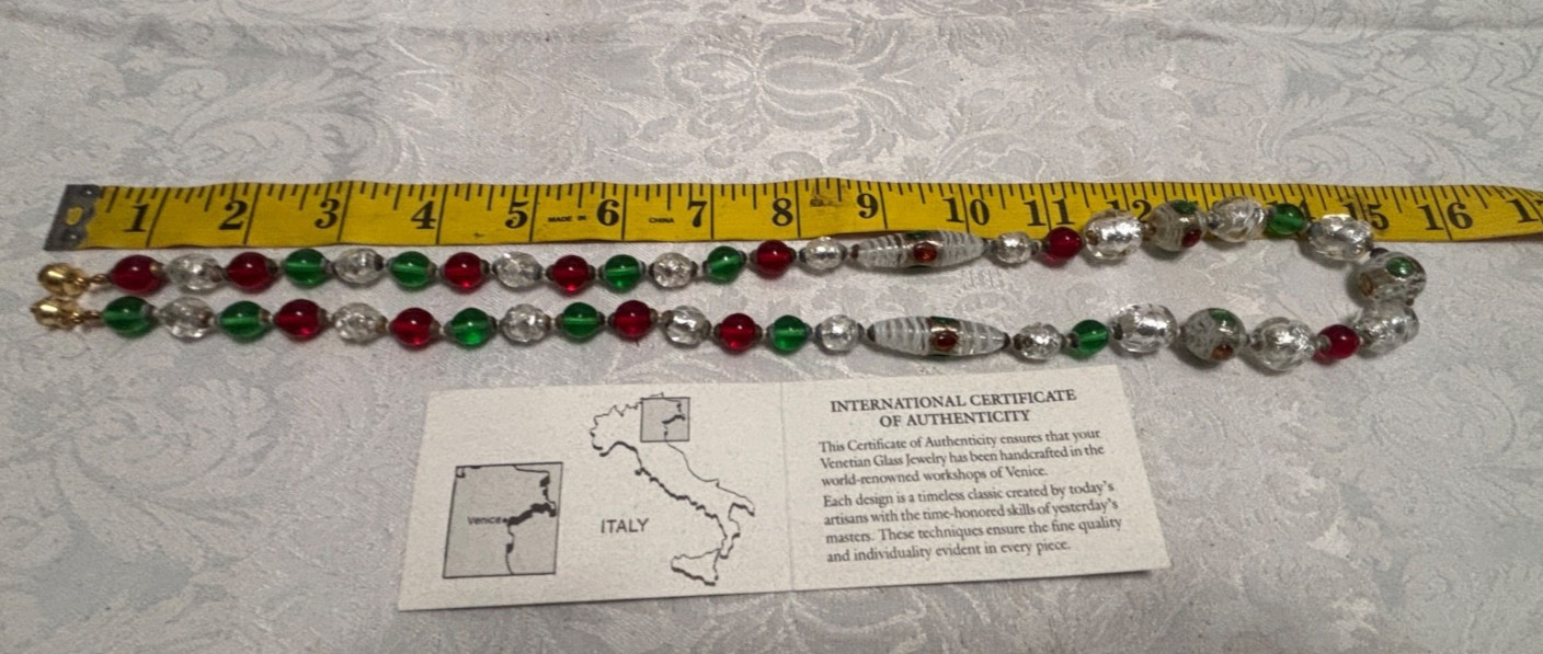 Venetian Glass Beads NECKLACE 30″ White Red Green Silver Handcrafted Italy Boxed