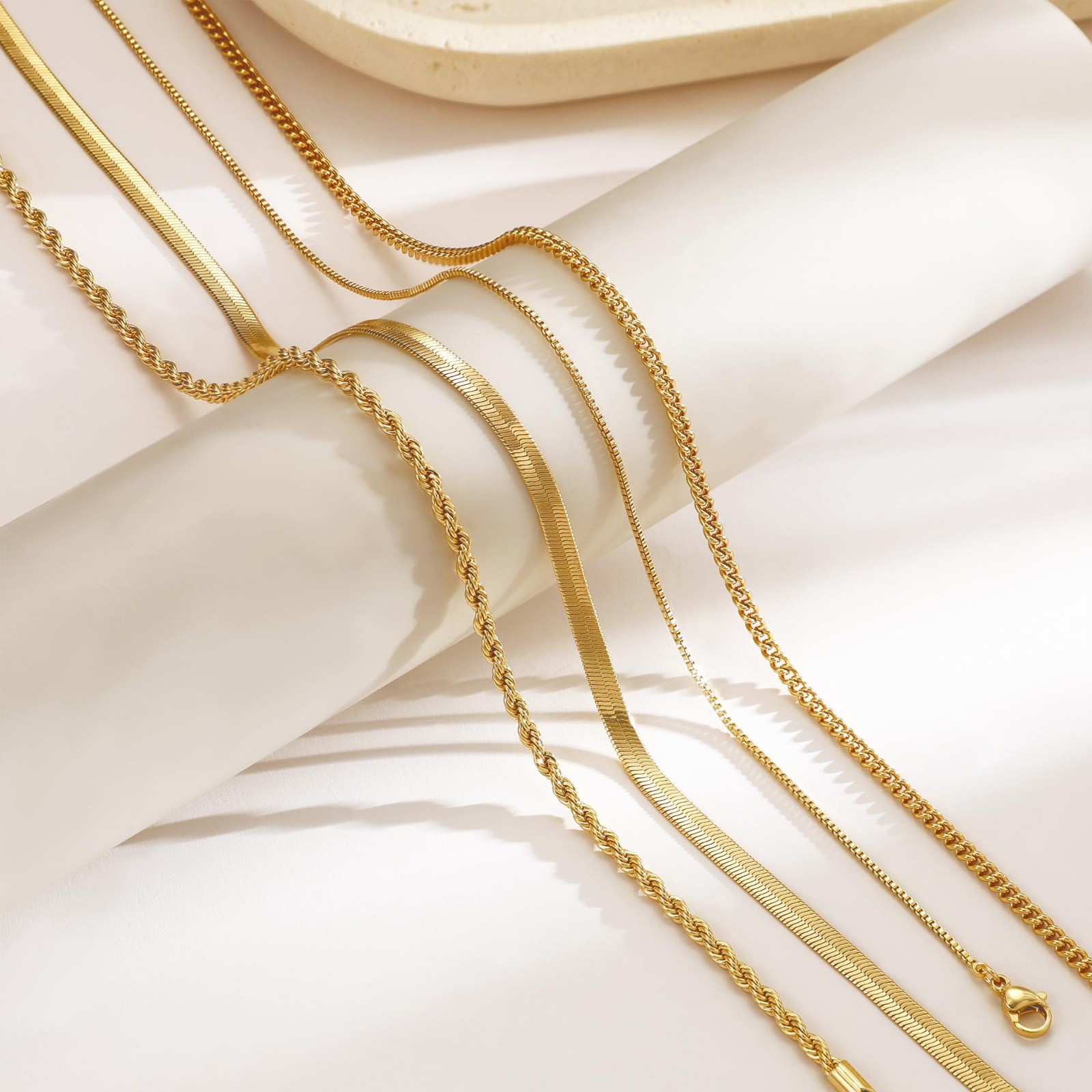 Layered Necklaces for Women – Chunky Gold Plated Herringbone/Snake/Rope Chains,