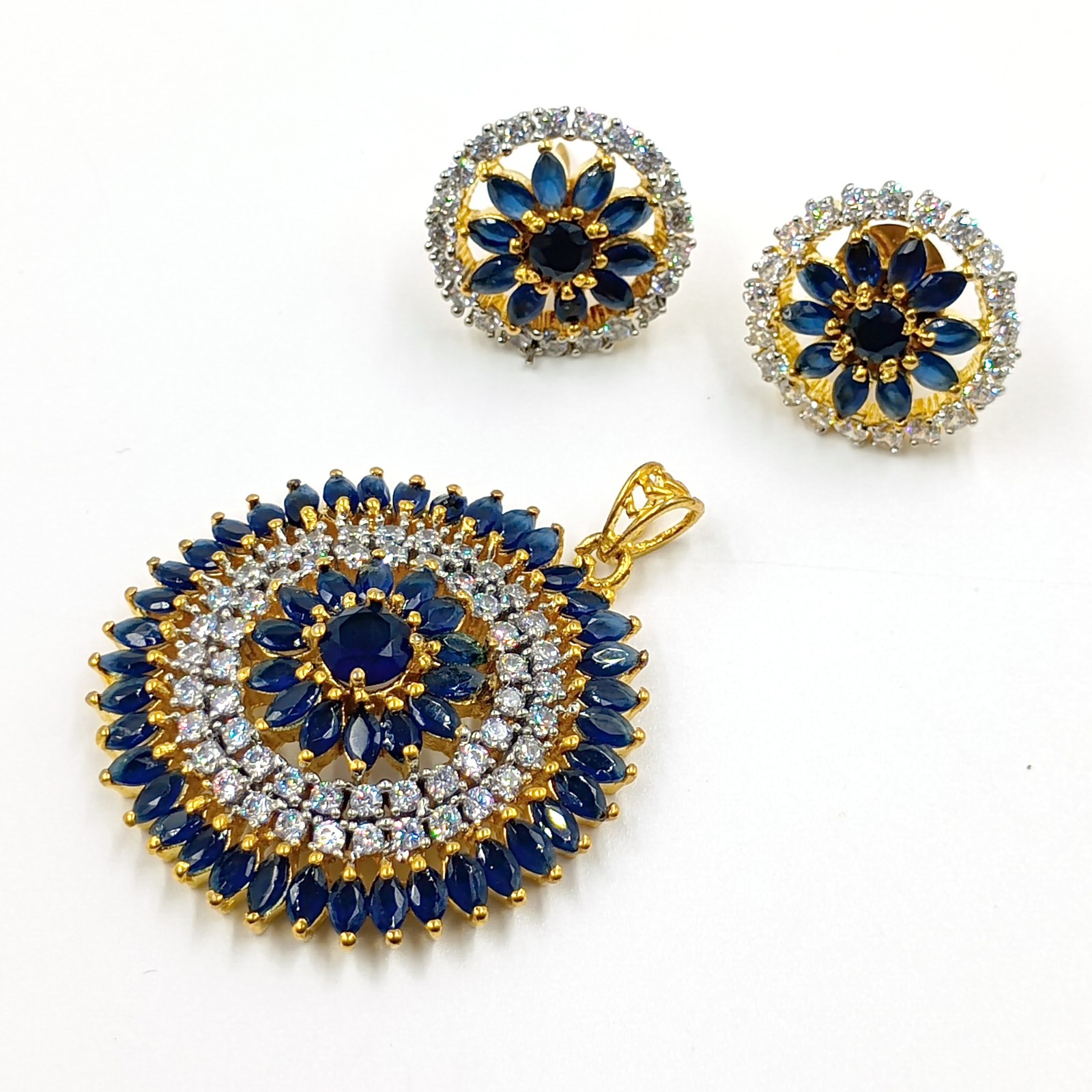 Traditional 22k Gold Plated Sapphire CZ Diamond Bridal Pendant Set Wedding Jewel