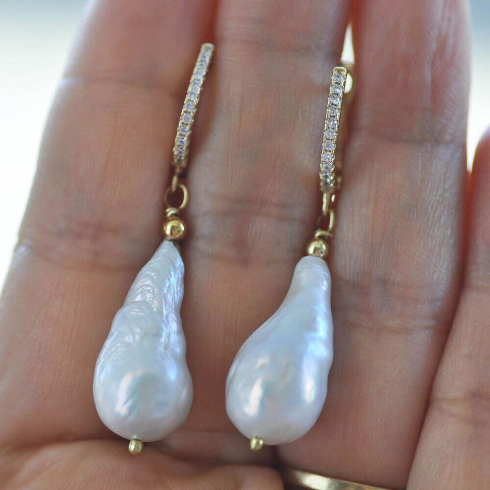 Natural 19mm White Tear-Drop Baroque Keshi Pearl CZ Dangle Earring