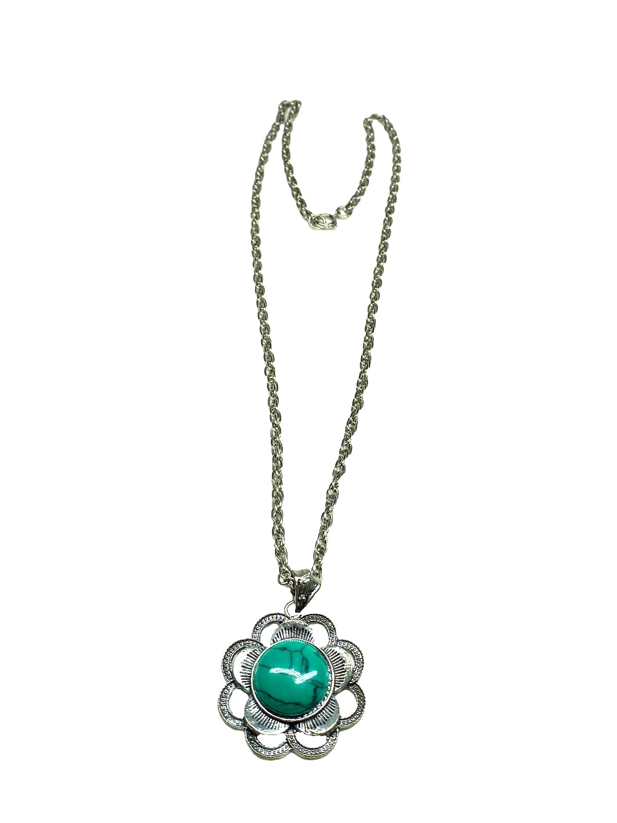 Floral Shape Tibetan Silver Faux Green Turquoise Necklace 26″ Long Spring Close