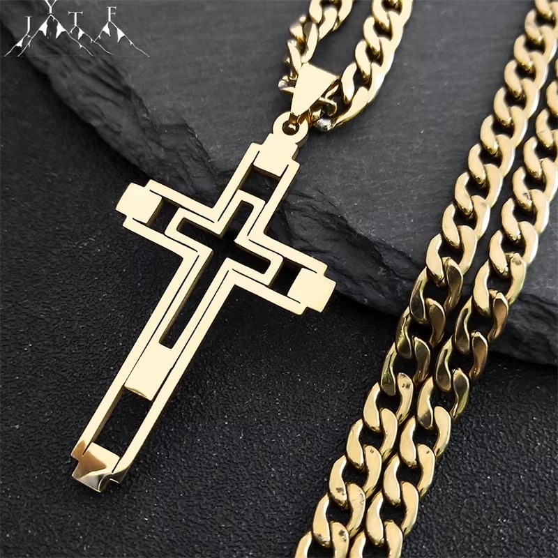 60cm Gold Stainless Steel Cross Necklace for Men Mens Chain Pendant Jewelry Gift