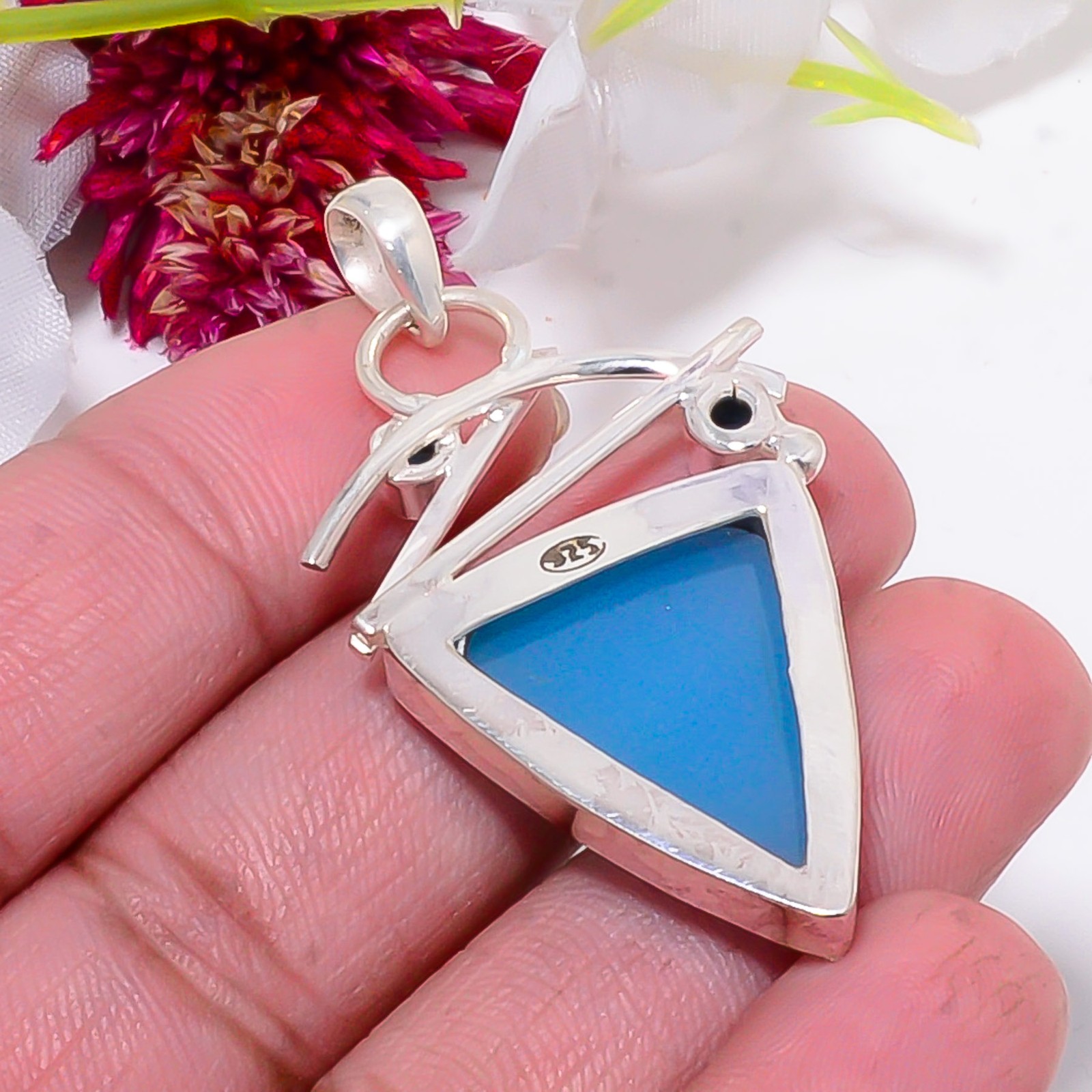 Chalcedony – Brazil & Blue Topaz 925 Sterling Silver Handmade Pendant 2.03″ Su10