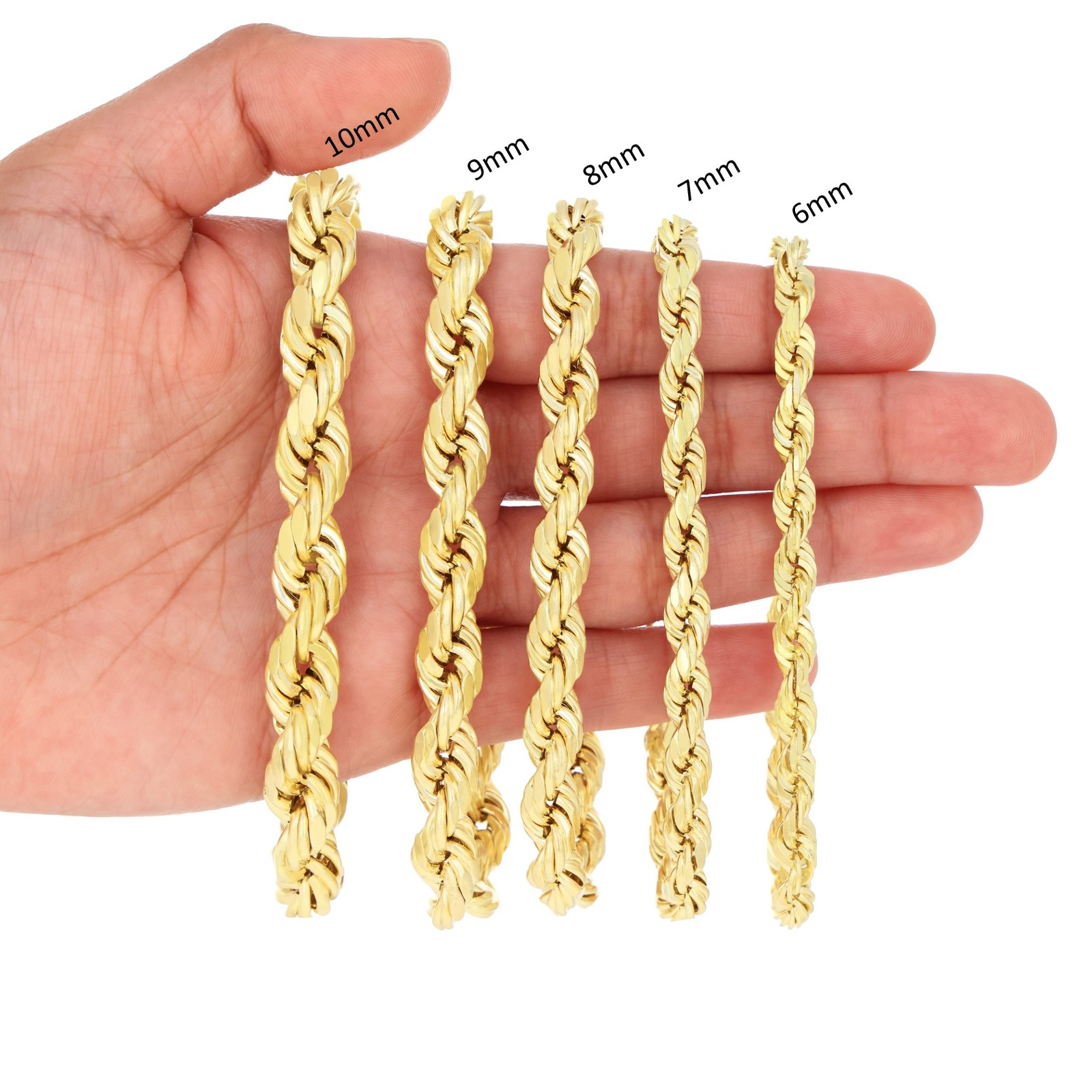 10K Yellow Gold 2mm-7mm Diamond Cut Rope Chain Necklace Men Womens 16″- 30″