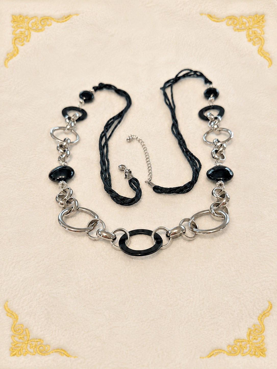 Black Cord Silver Tone Oval Link Statement Necklace 40 Inch Long