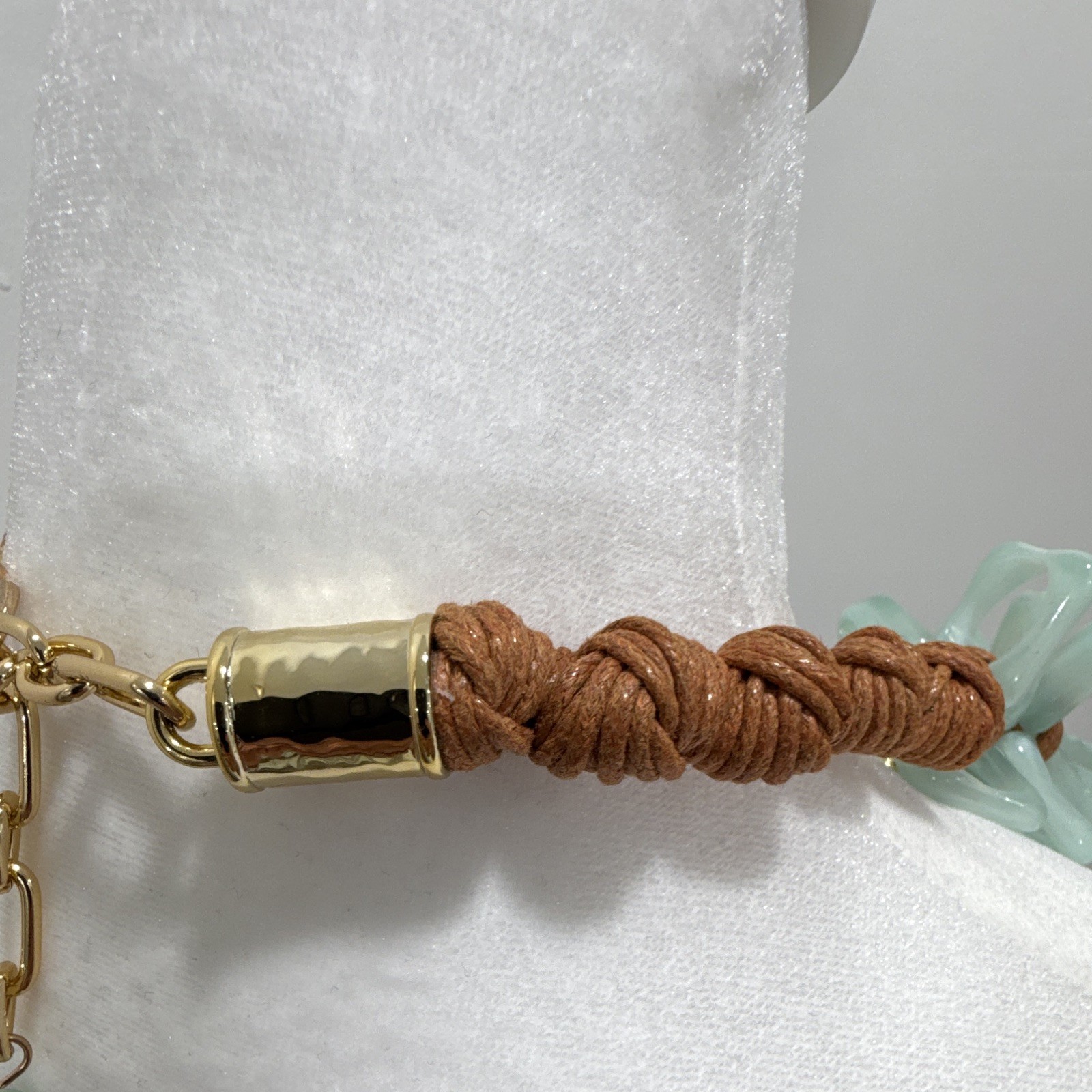Aqua Acrylic Link Statement Necklace Brown Cord Gold Tone Cable Chain Adjustable