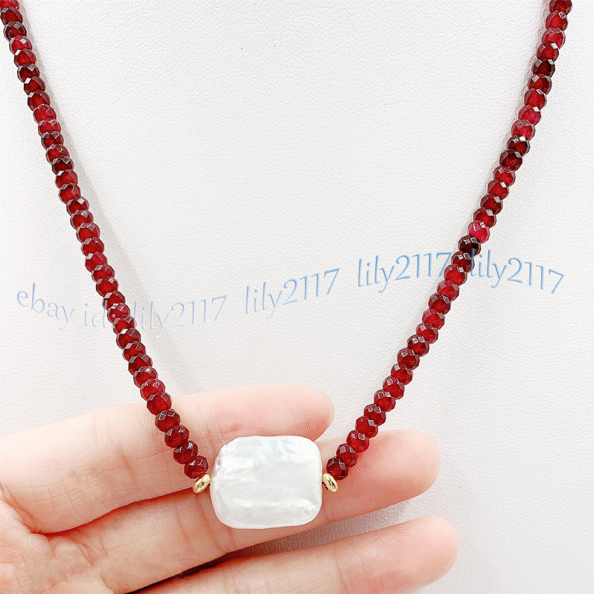 Faceted 2x4mm Red Garnet Natural 15x20mm White Baroque Pearl Pendant Necklace