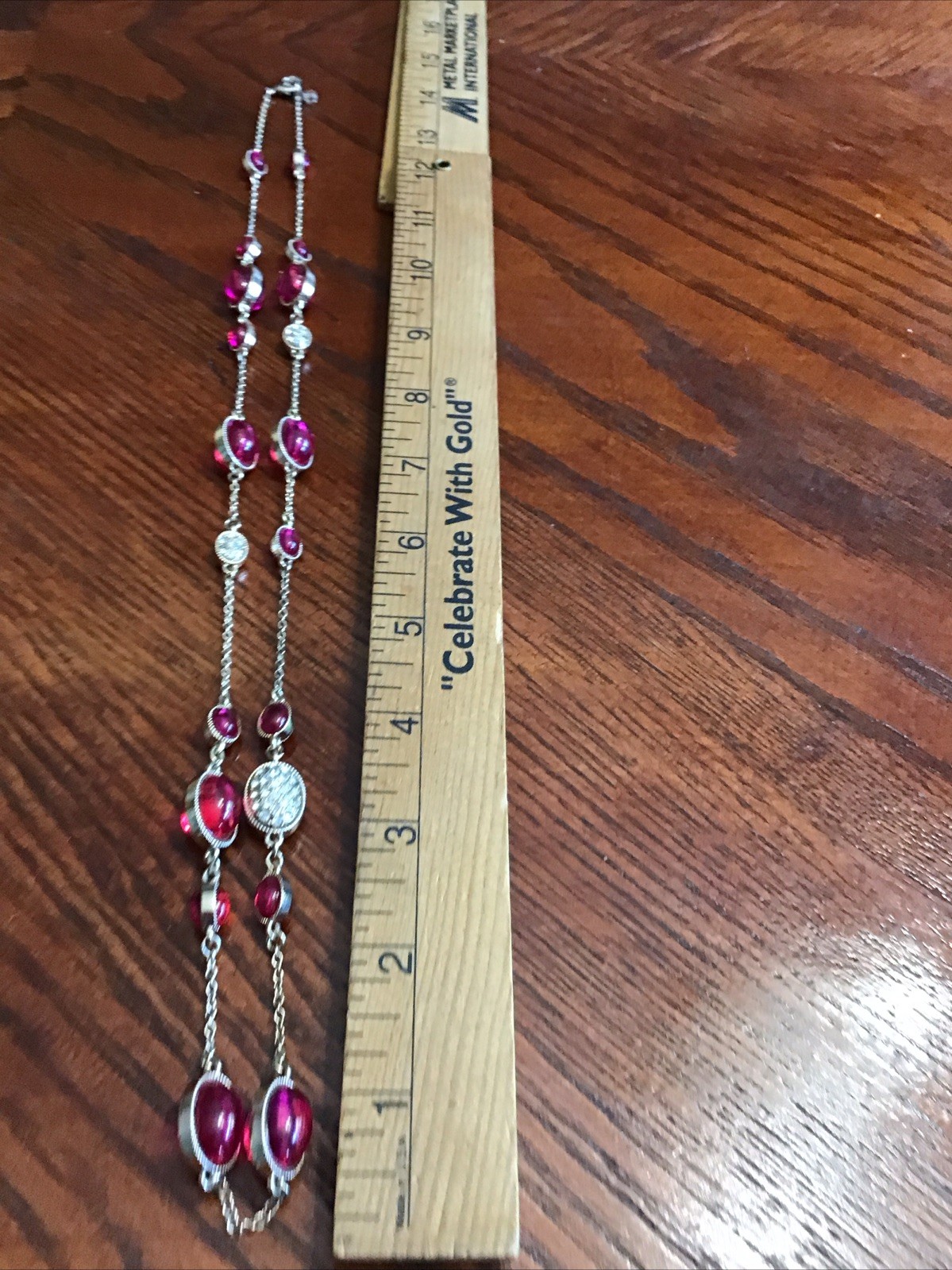 Beautiful 3 Demential Pink Cabochon and Pave Gold Tone Necklace ￼