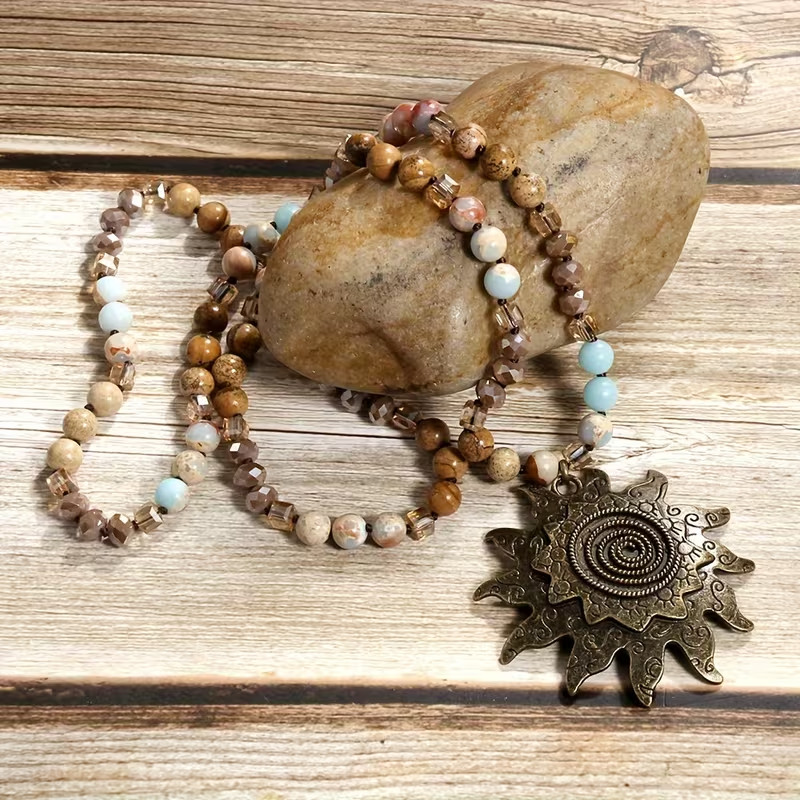 Vintage Tribal Natural Stone & Glass Necklace w Cyan Sun Moon Pendant 35″