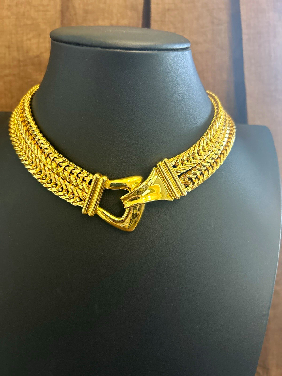 Gold Tone Herringbone Chain Collar Choker Necklace Hook Closure Signed