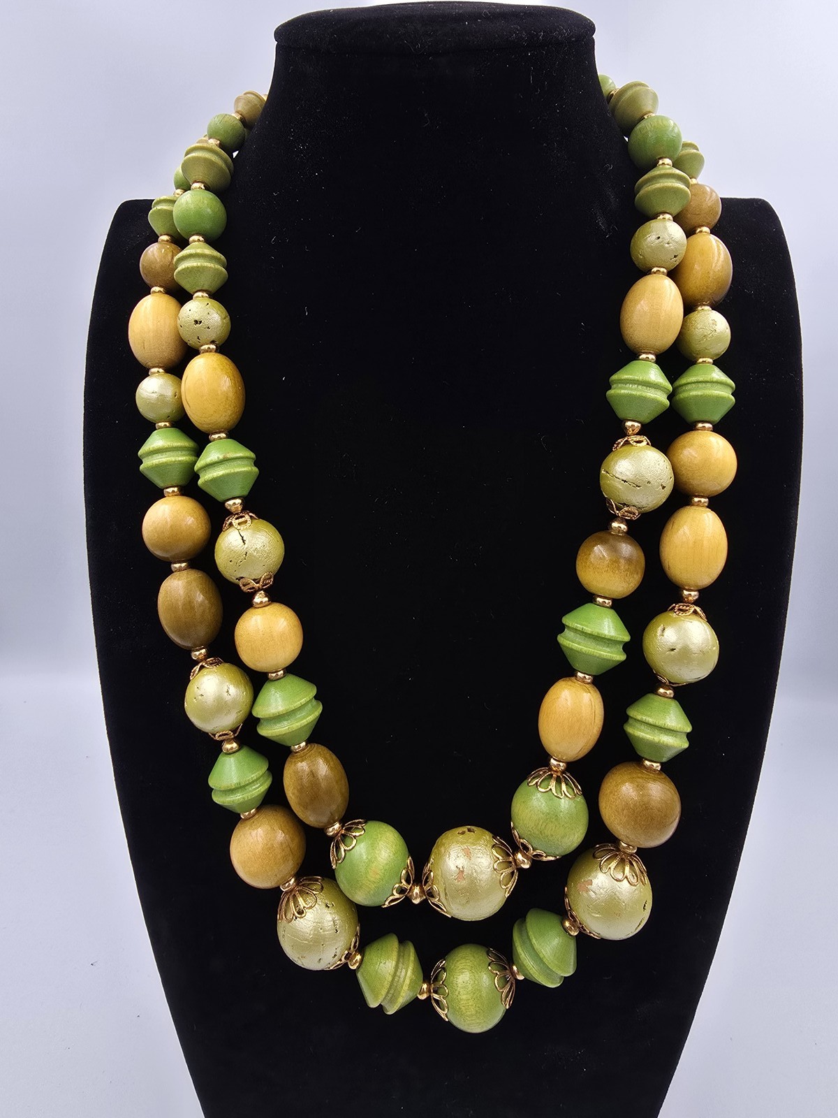 Vintage Double Strand Wood Bead Necklace Green Yellow Gold Tone Clasp