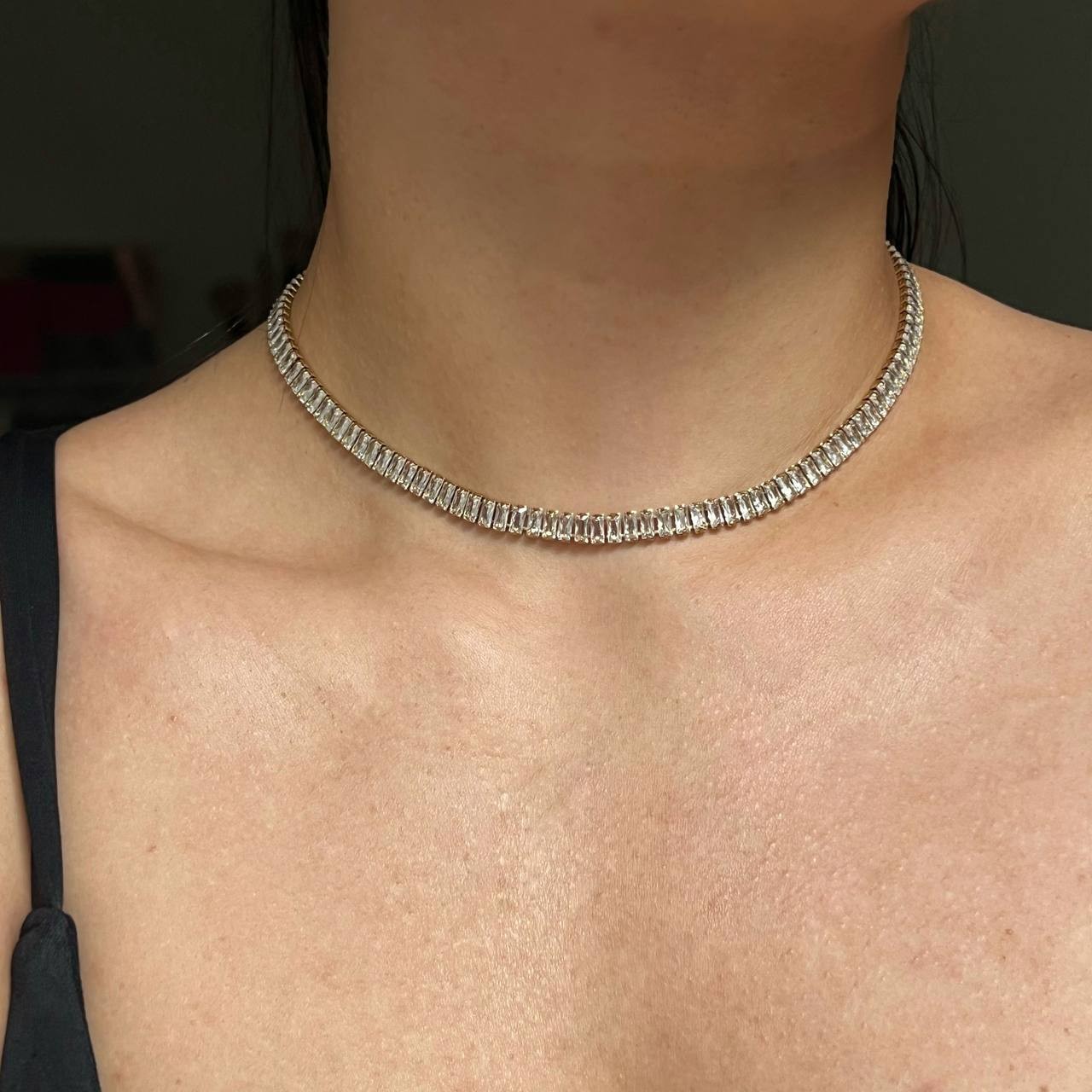 Gold Baguette Tennis Necklace Gold Stainless Steel Crystal Choker Necklace