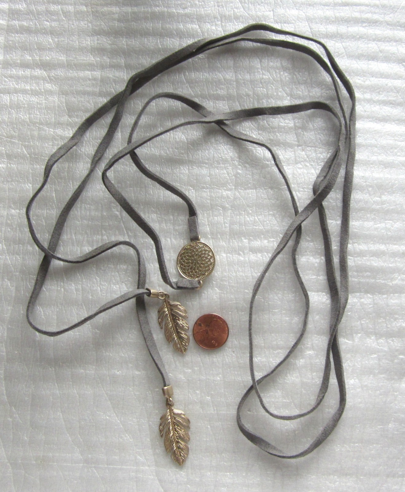 Gray Leather with Gold Leaves & Disk #necklace #jewelry #fashion