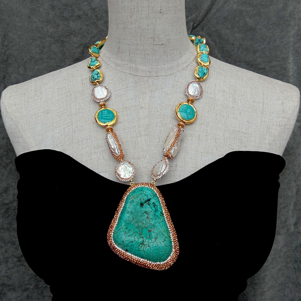 Cultured White Coin Pearl Biwa Pearl Turquoise Necklace Big Turquoise Pendant