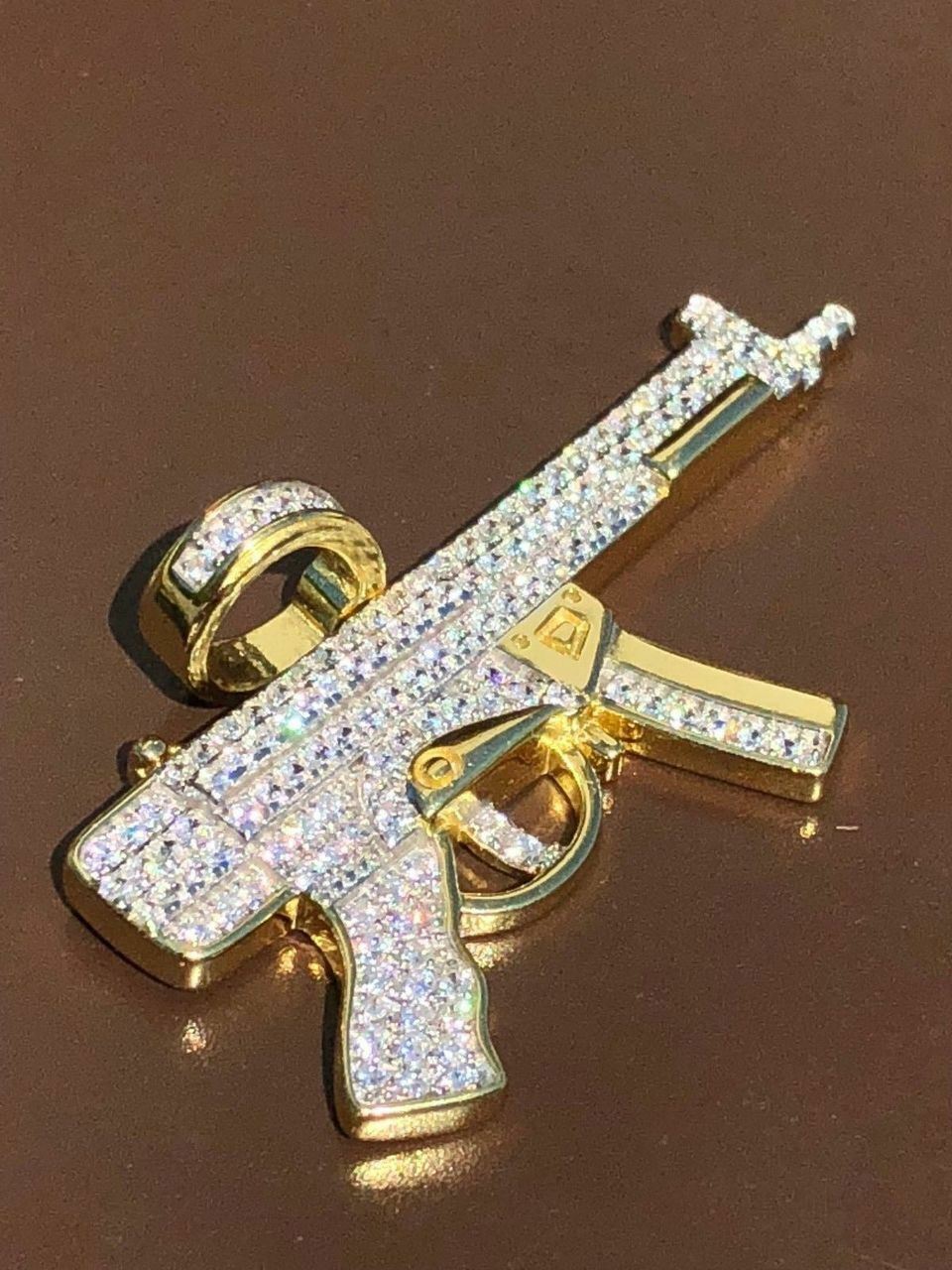 Real Solid 925 Silver AK-47 Machine Gun CZ Piece Super Icy Pendant W. Chain