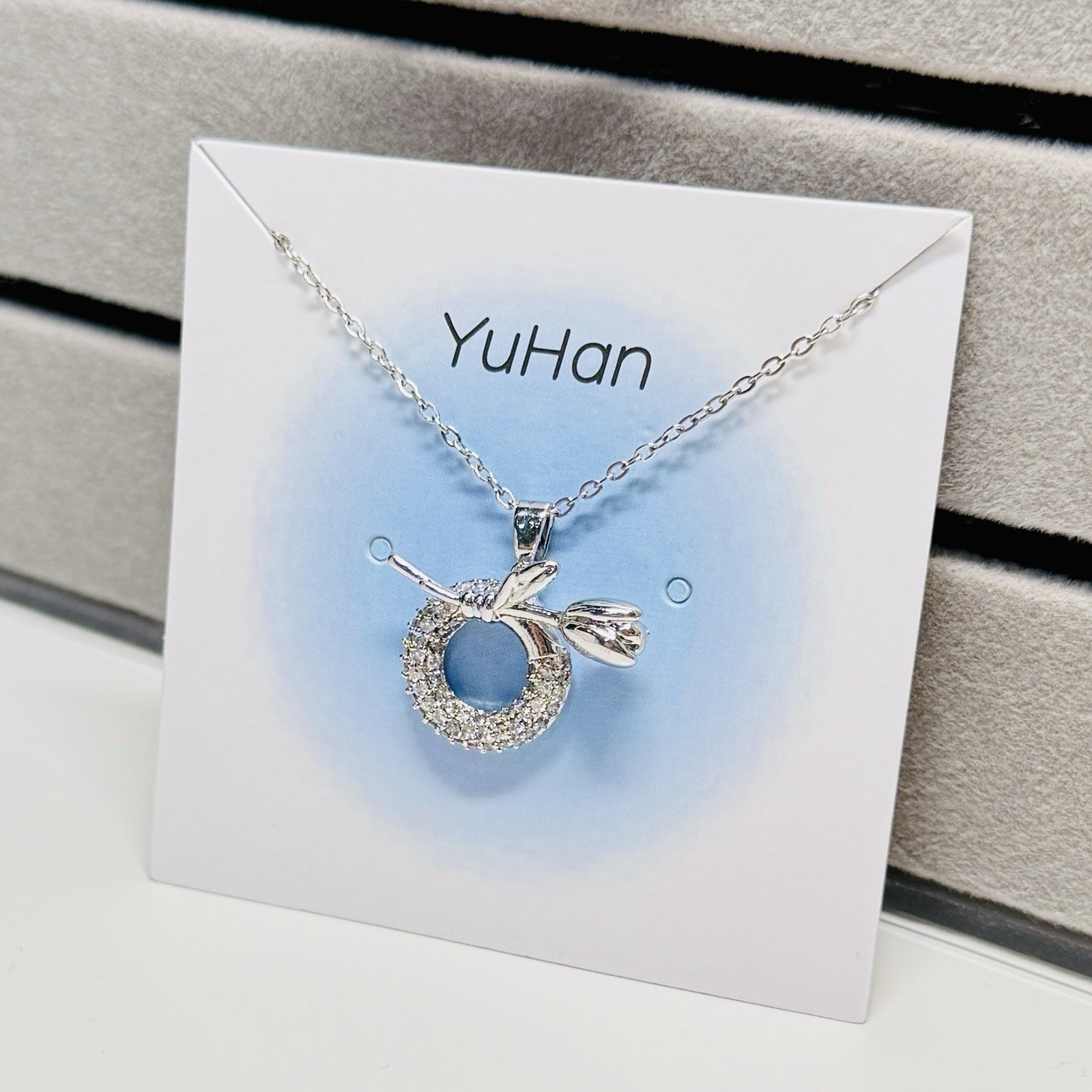Sparkling Tulip Rhinestone pendant 18″ Adjustable Stainless Steel Necklace
