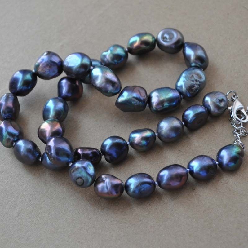 Natural 8-9mm Peacock Black Freshwater Cultured Baroque Pearl Necklace 18”