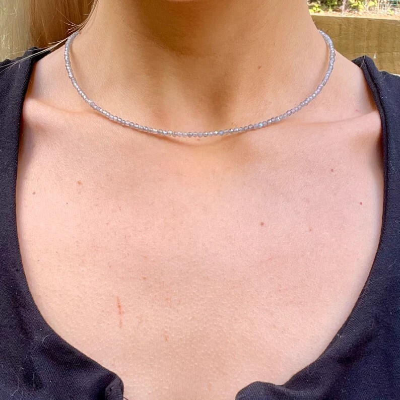 Natural 2mm Labradorite Crystal Gemstone Faceted Beads Dainty Choker Necklace
