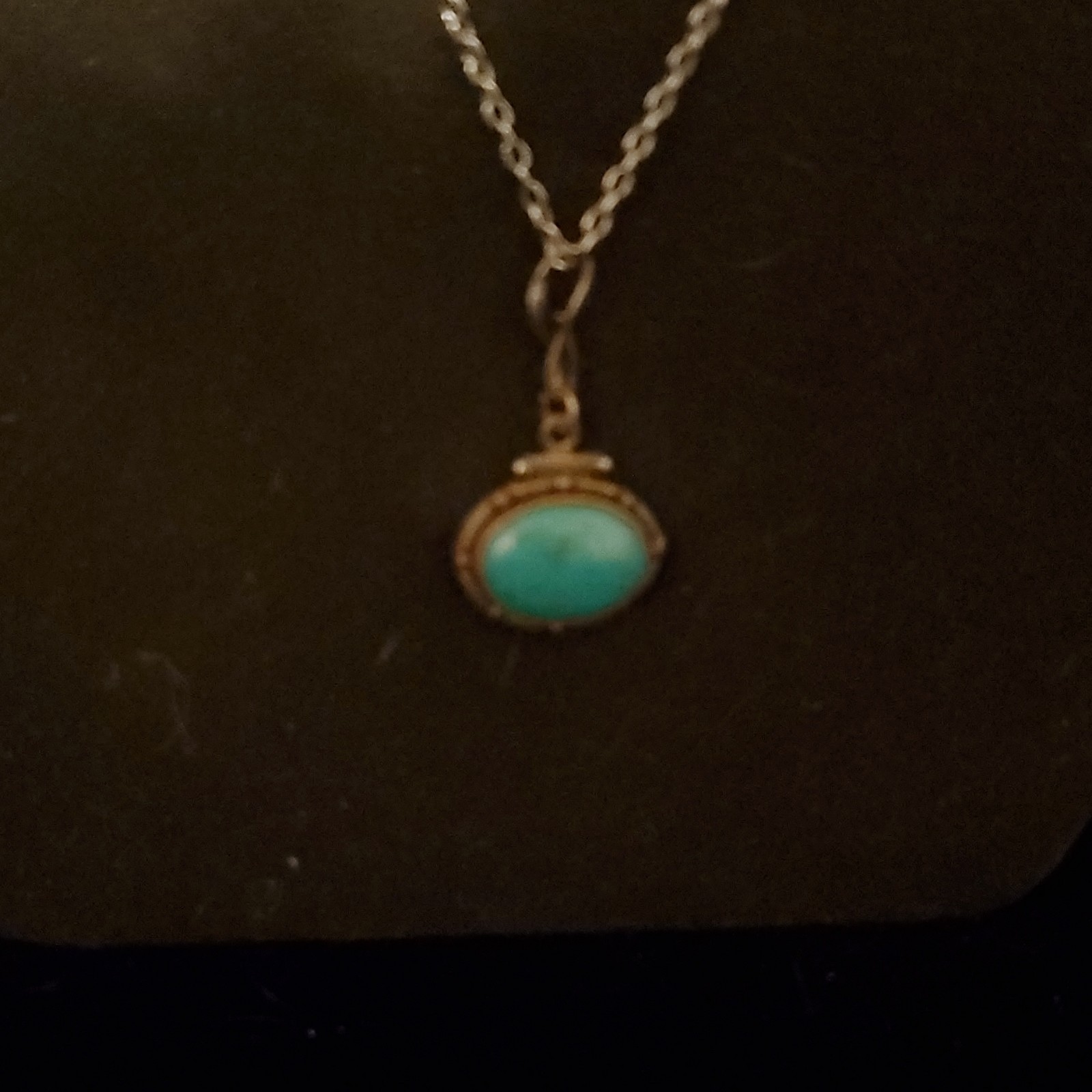 Sterling Silver Signed Oval Turquoise Bezel Pendant Rope Chain, Spring Ring