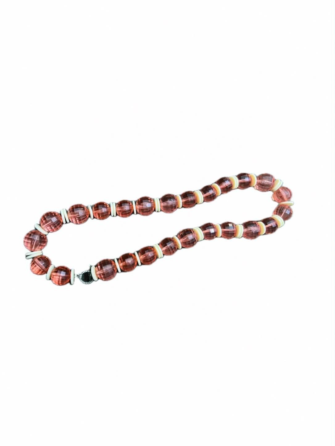 Vintage Style Faceted Pink Bead Necklace with Cream Spacer Discs, Costume Jewelr