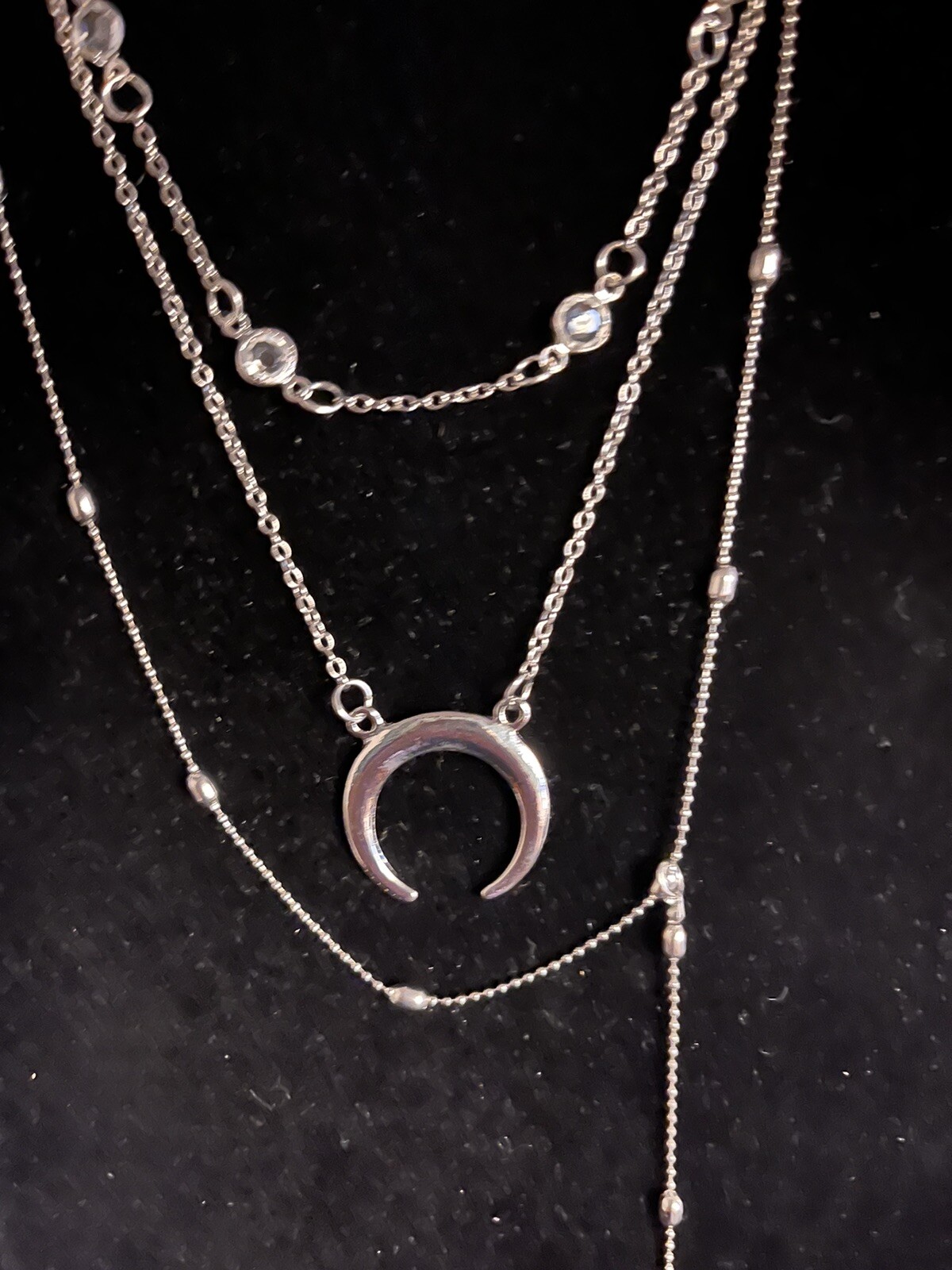 Three Strand Asymmetrical Beads Moon And Balls Pendant Silver Tone Necklace 16”