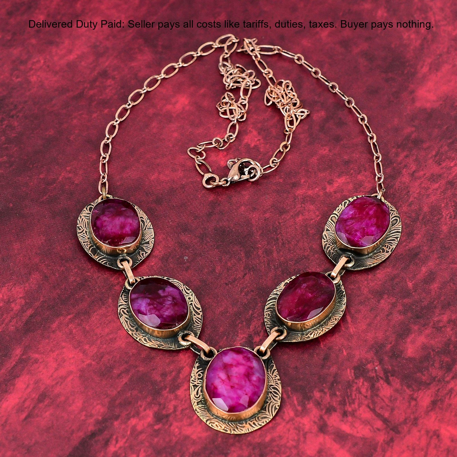 Kashmir Rubi Stone Artisan Chain Handcrafted Handmade Necklace Jewelry Copper
