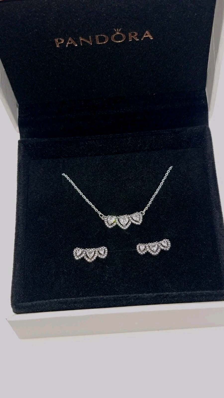 Authentic PANDORA 925 Halo Heart Trilogy Collier Necklace & Earrings Gift Set Z4