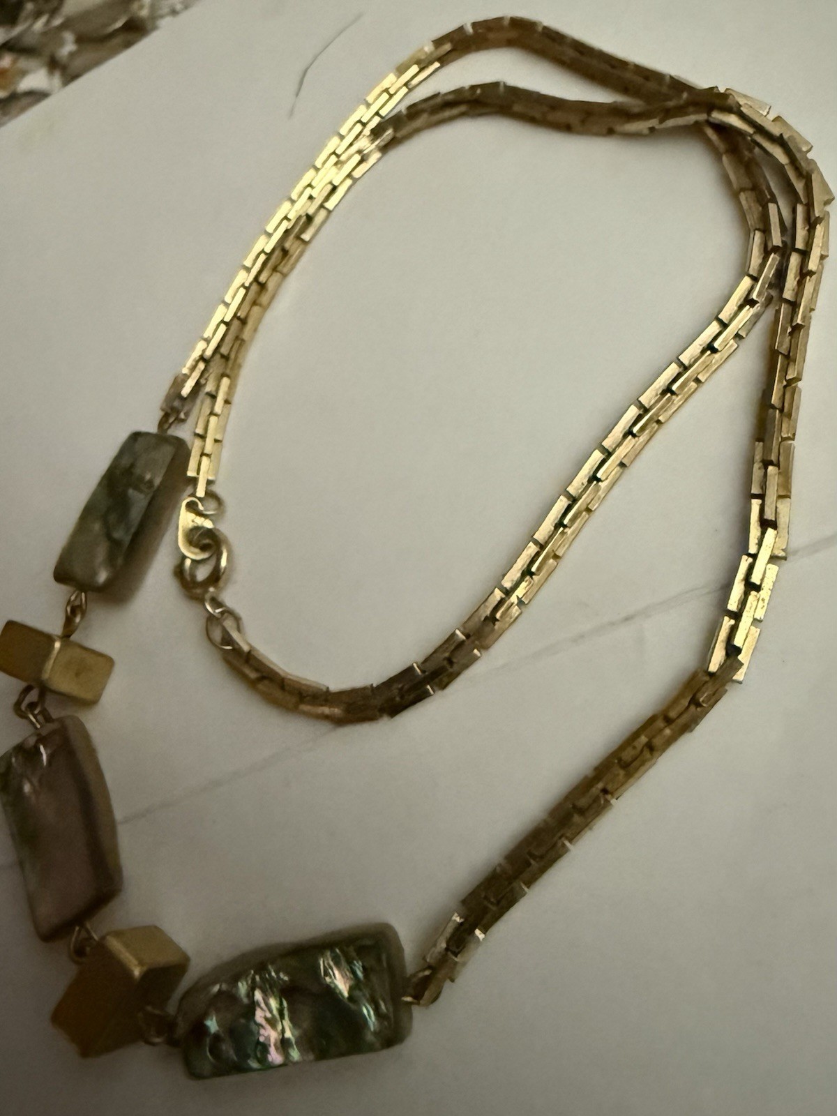 Vintage Gold Tone Box Chain Necklace Abalone Shell Square Charms by Les Bernard