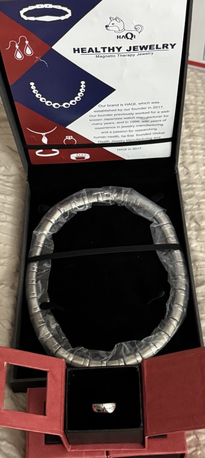 Lot – HAQI Magnetic Therapy Necklace & (3) 38deg Rings Various Sizes