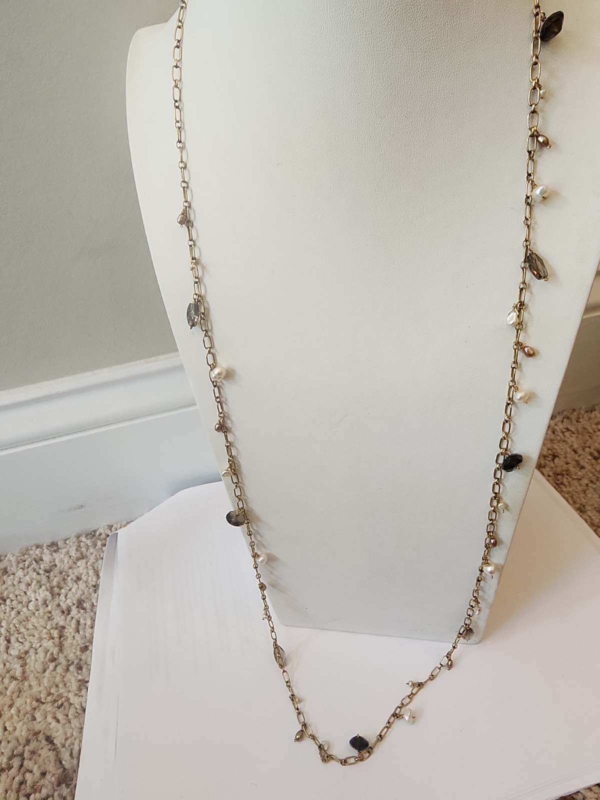 14k Gold Filled Paper Clip Chain Pearl Purple Glass Bead Accents Opera Length