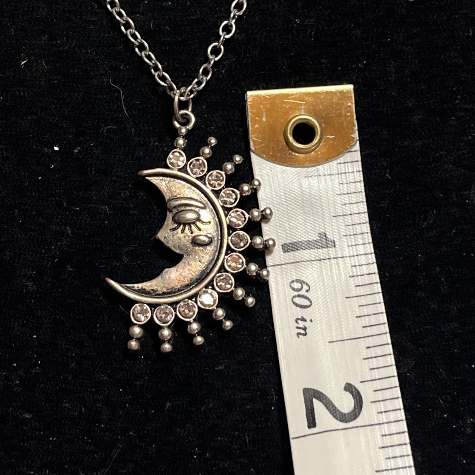 Silver Tone Half Moon Face Celestial Pendant Necklace 22”