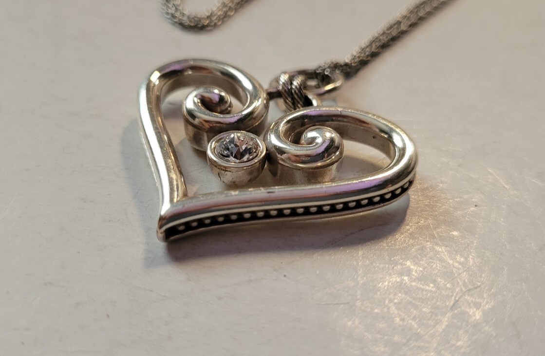 Brighton ALCAZAR HEART Silver Large Thick Open Heart Crystal Long Necklace, NWOT