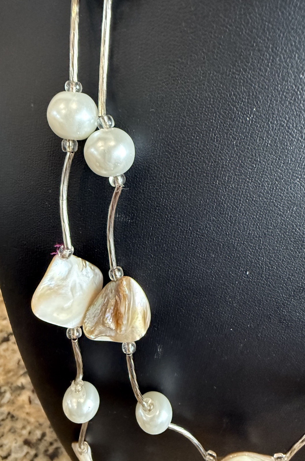 Fashion Layered Necklace & Earrings Abalone & Faux Pearl Silver Tone 54” Boho