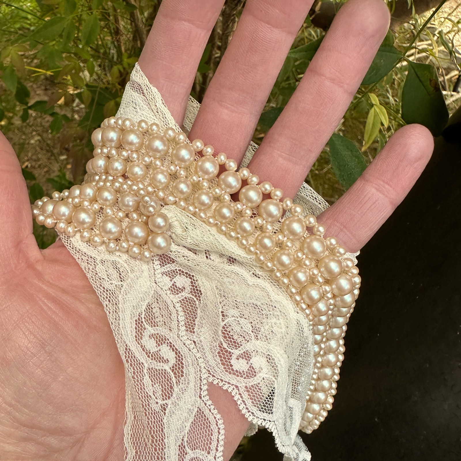 Woven 5-Row Faux Pearl Collar Necklace with Soft, Frothy Vintage Lace Ties