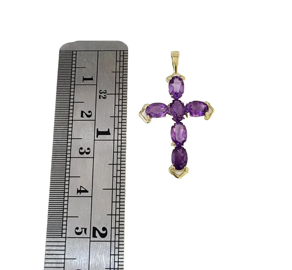 Real 10K Yellow Gold Cross Pendant Purple Amethyst Stone Religious Charm P11994