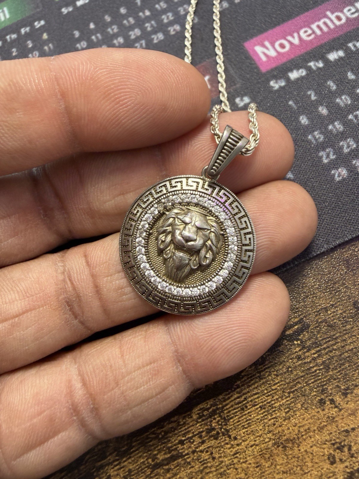 Sterling Silver Lion Head Pendant Necklace Rope Chain Lobster Claw 925