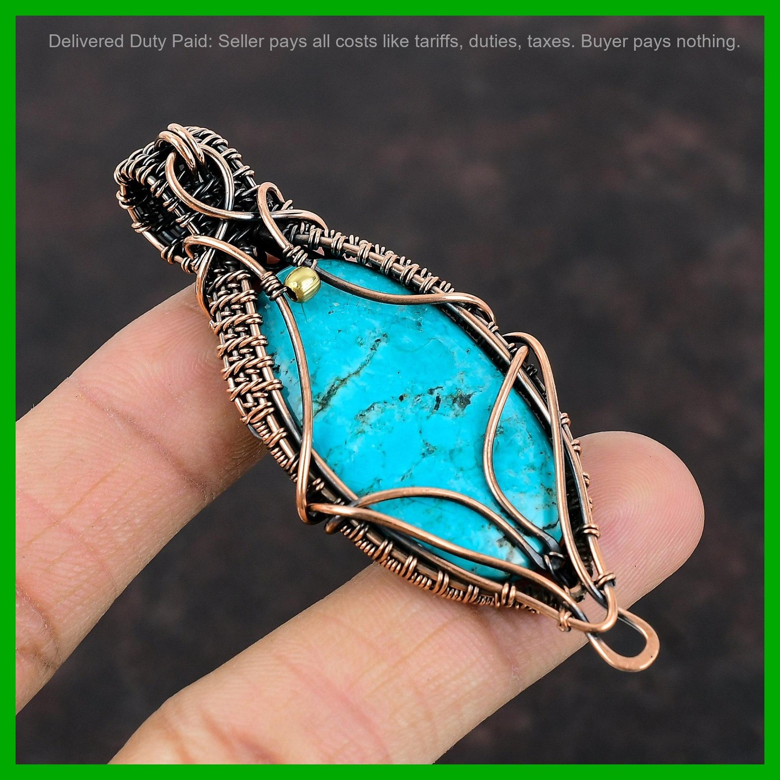 Copper Tibetan Turquoise Stone Handcrafted Sister Wire Wrapped Pendant Jewelry