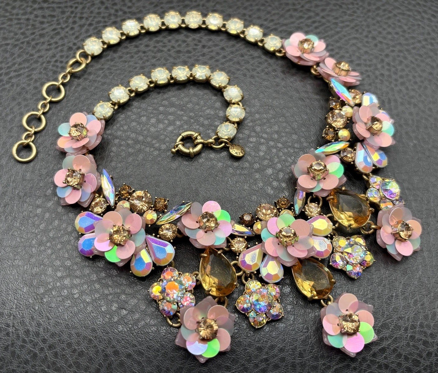 J Crew Amazing Floral Statement Bib Necklace Iridescent Pink Flowers Rhinestones
