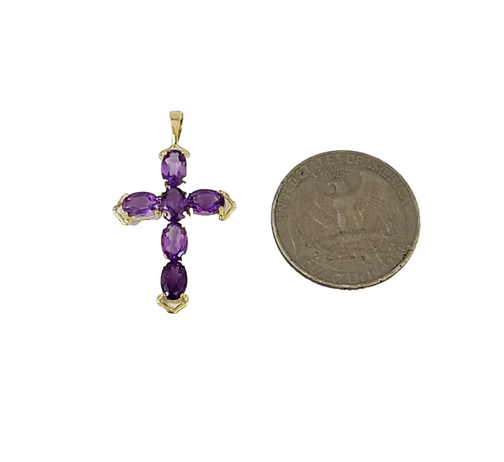 Real 10K Yellow Gold Cross Pendant Purple Amethyst Stone Religious Charm P11994