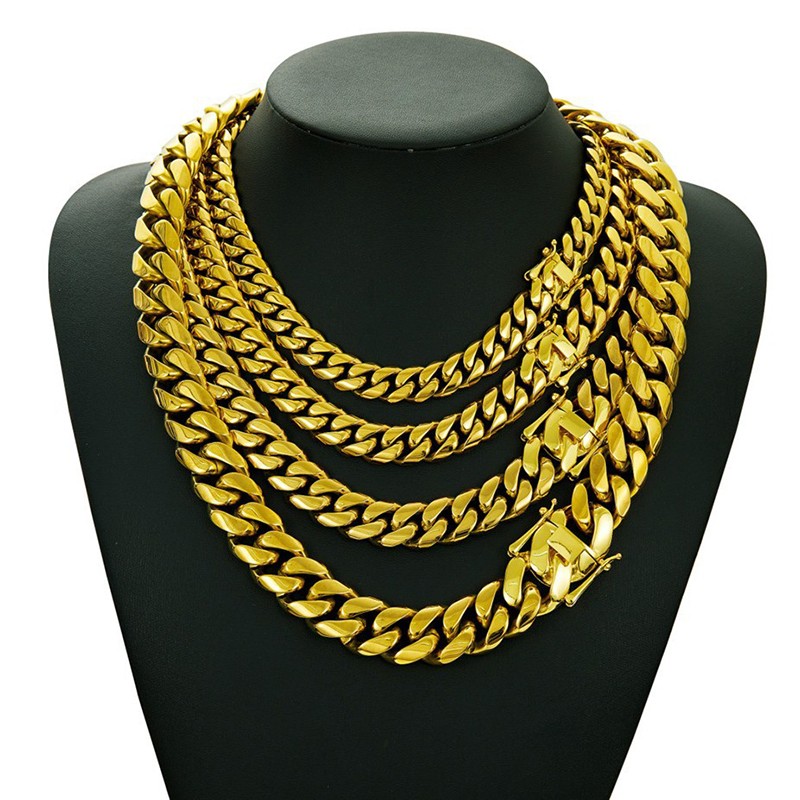 10mm-22mm Stainless Steel Miami Cuban Chain Necklace Bracelet 18K Gold Plated