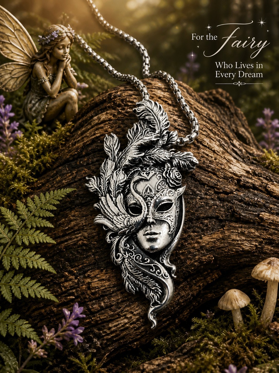 Celtic Goddess Fantasy Vintage Stainless Chain Mask Pendant Necklace Peacock DND
